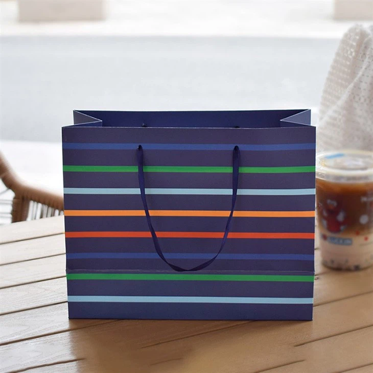 Navy Blue Rainbow Striped White Card Horizontal Paper Bag